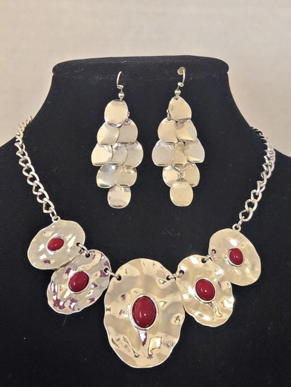 Gold-Tone Red Stone Necklace & Earrings
